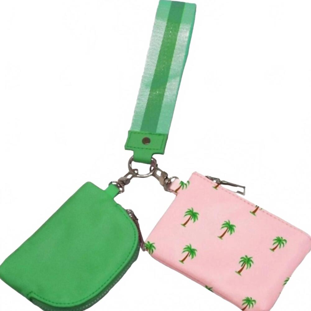 NEW PRETTY SIMPLE women's dual nylon pouch wristlet in emerald green pink palm t